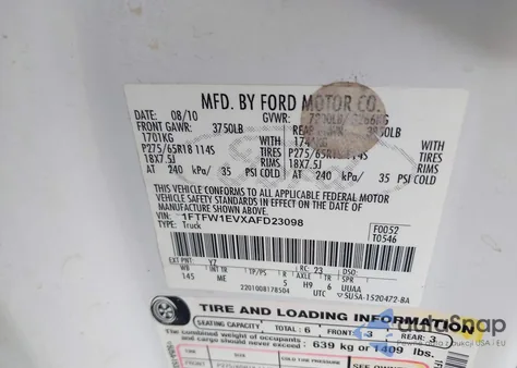 2010 Ford F150 from USA, damaged, VIN 1FTFW1EBXAFB23098
